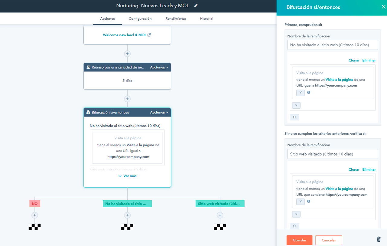 El software de automatización del marketing de HubSpot mostrando las opciones para añadir una ramificación si/entonces a los workflows